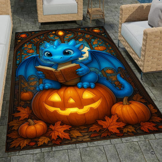 Cute blue baby dragon reading a book seated atop a glowing Halloween pumpkin surrounded by autumn leaves area rug.