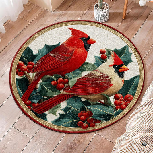 Red cardinal pair winter holly circular area rug in top overhead view