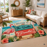 Personalized Tropical Beach Rug, Custom Family Name Tropical Outdoor Rug, Flamingo Surfboard Ocean Area Rug for Living Room, Patio, Beach House Decor, Design 08