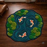 Custom Japanese Koi Fish Shaped Area Rug, Personalized 3D Optical Illusion Koi Pond Lotus Non Slip Washable Shaped Floor Mat, Fish Pond Rugs for Bedroom Living Room Decor (1, D8)