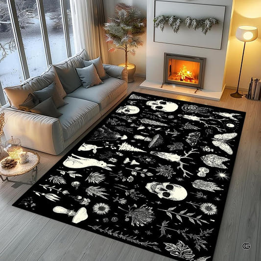 Living room fireplace scene displaying the black and white gothic area rug featuring human skulls and botanicals