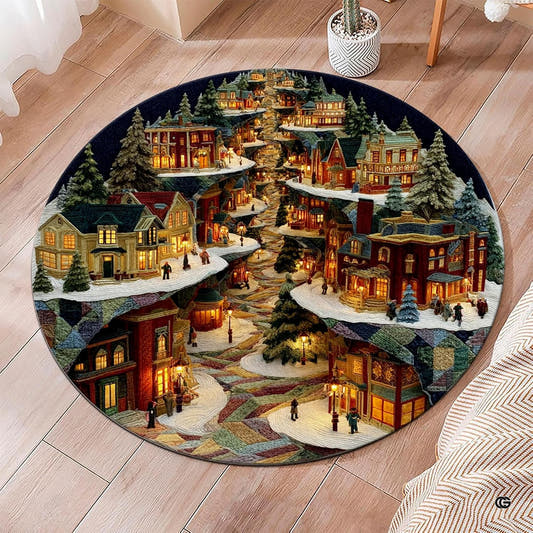 Top-down view of round area rug depicting a multi-tiered Victorian Christmas winter village at twilight.