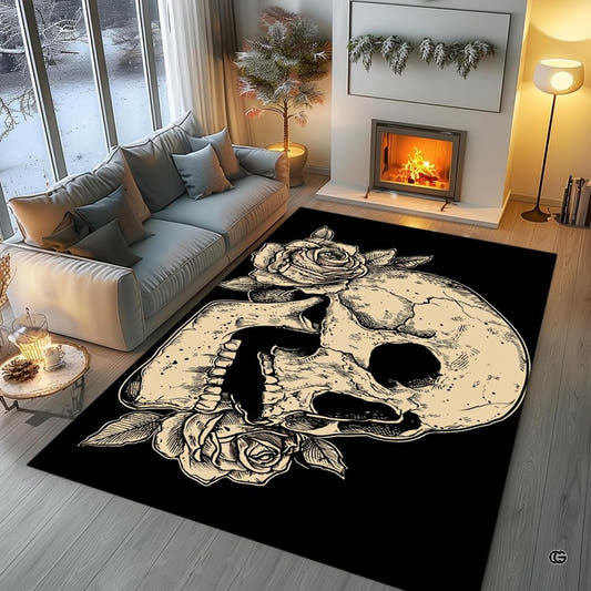 Gothic botanical skull blooming roses area rug displayed in modern living room