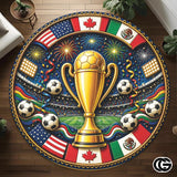 Custom Soccer Round Rug with Championship Trophy and World Flags - D7