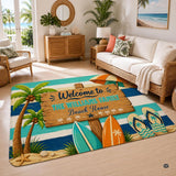Personalized Tropical Beach Rug, Custom Family Name Tropical Outdoor Rug, Flamingo Surfboard Ocean Area Rug for Living Room, Patio, Beach House Decor, Design 05
