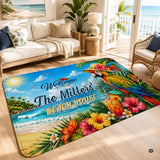 Personalized Tropical Beach Rug, Custom Family Name Tropical Outdoor Rug, Flamingo Surfboard Ocean Area Rug for Living Room, Patio, Beach House Decor, Design 04