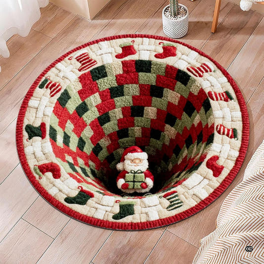 Santa Claus holiday vortex optical illusion circular area rug in top overhead view