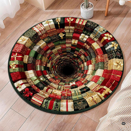 Holiday gift box vortex optical illusion circular area rug in top overhead view