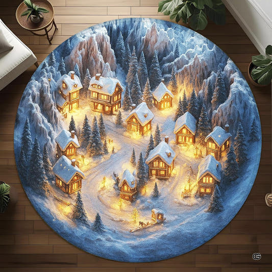 Alpine winter village snowy mountain circular area rug in top overhead perspective