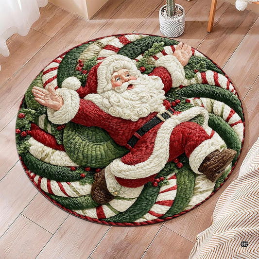 Top-down view of round area rug displaying Santa Claus sliding backwards into a candy cane spiral vortex.