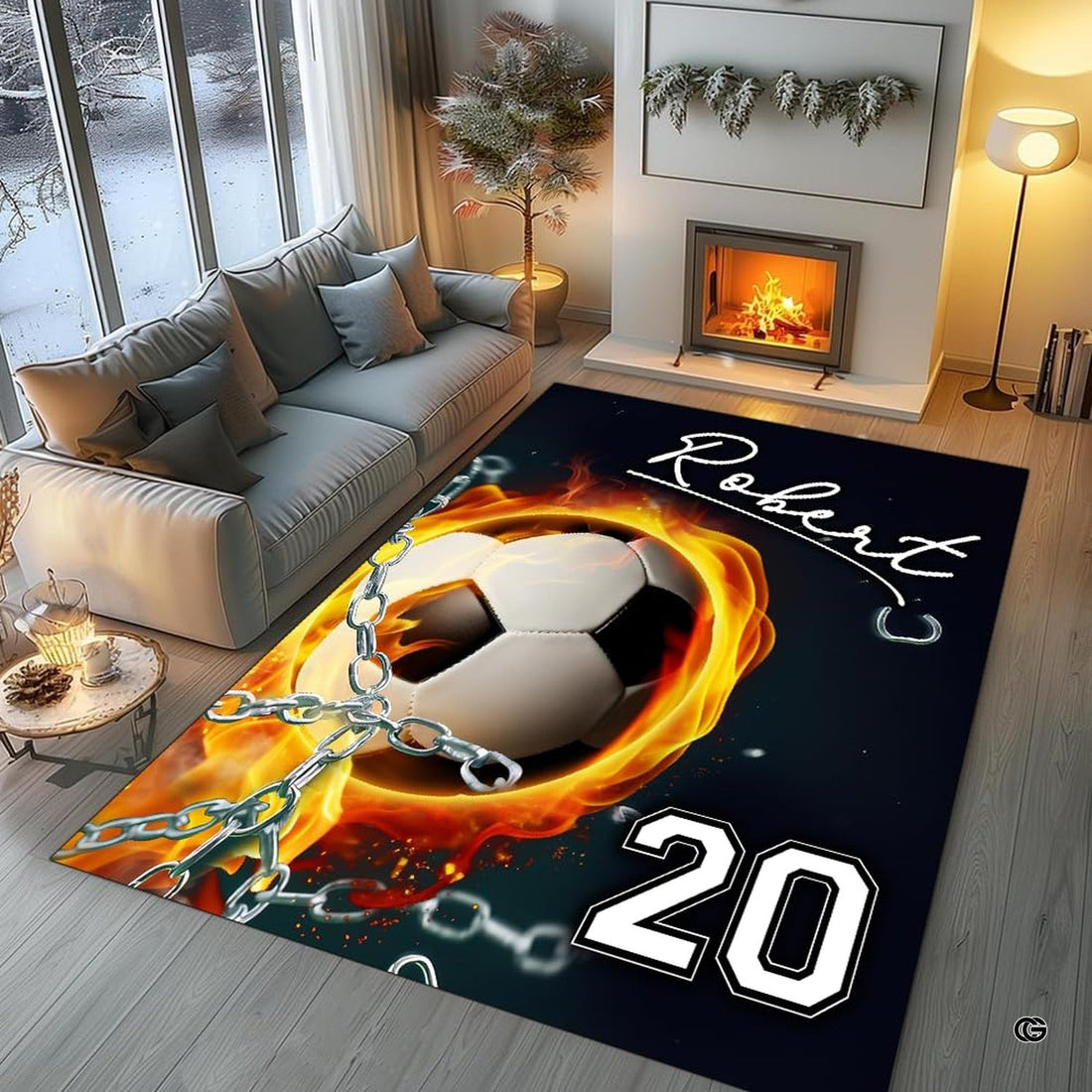 Flaming Soccer Ball Broken Chains Athletic Area Rug