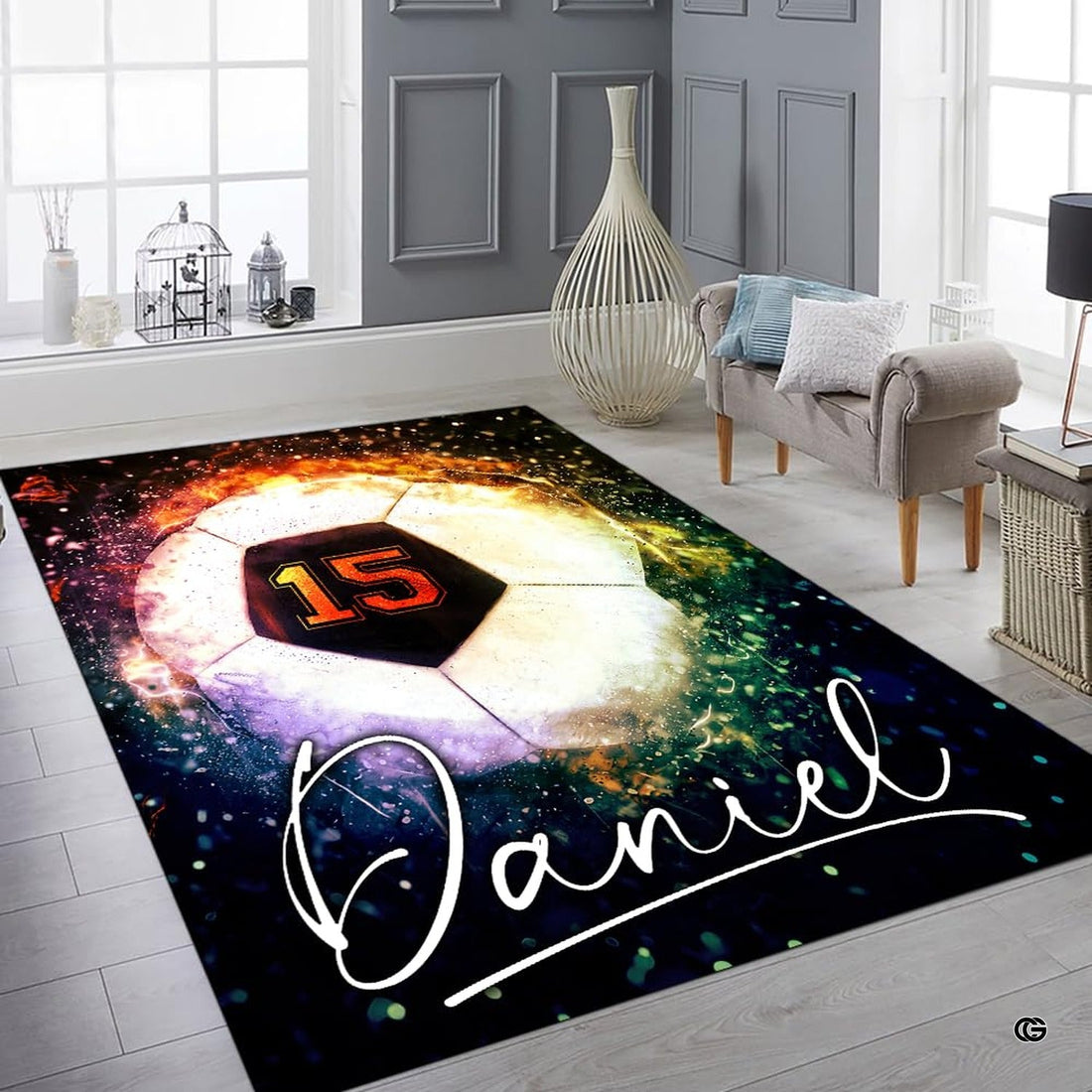 Flaming Soccer Ball Area Rug