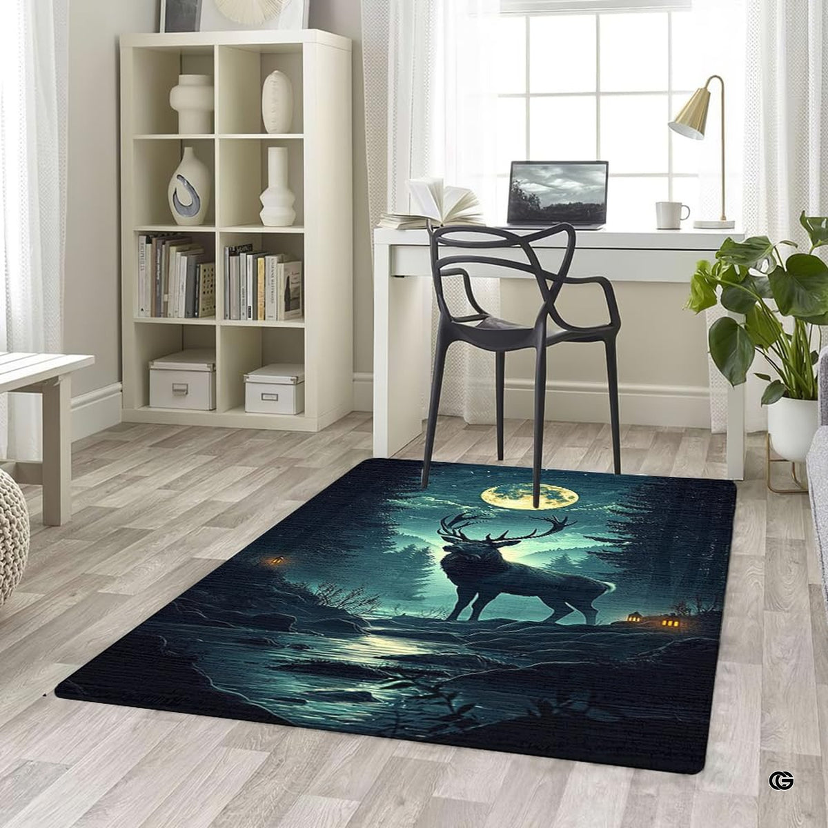 Overhead layout view of the rectangular moonlit stag stream mountain forest area rug - image 5 of 5