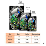 Full view of emerald green peacock dress motif floor piece with turquoise eye feathers on black backdrop. - thumbnail image 2 of 8