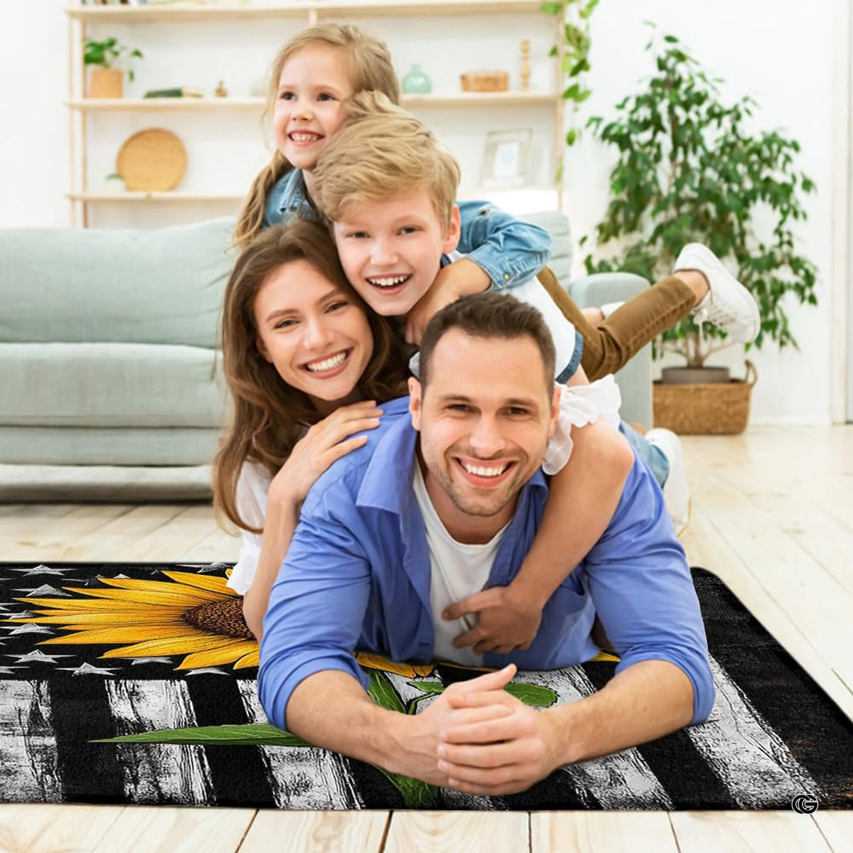 Patriotic sunflower flag area rug styled in modern farmhouse living room