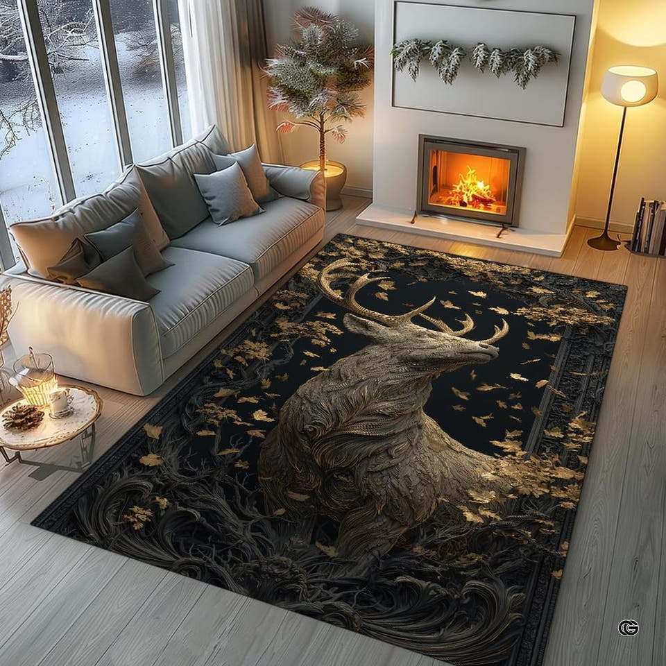 High-angle room staging of the baroque carved stag floor rug laid out beside a fireplace.