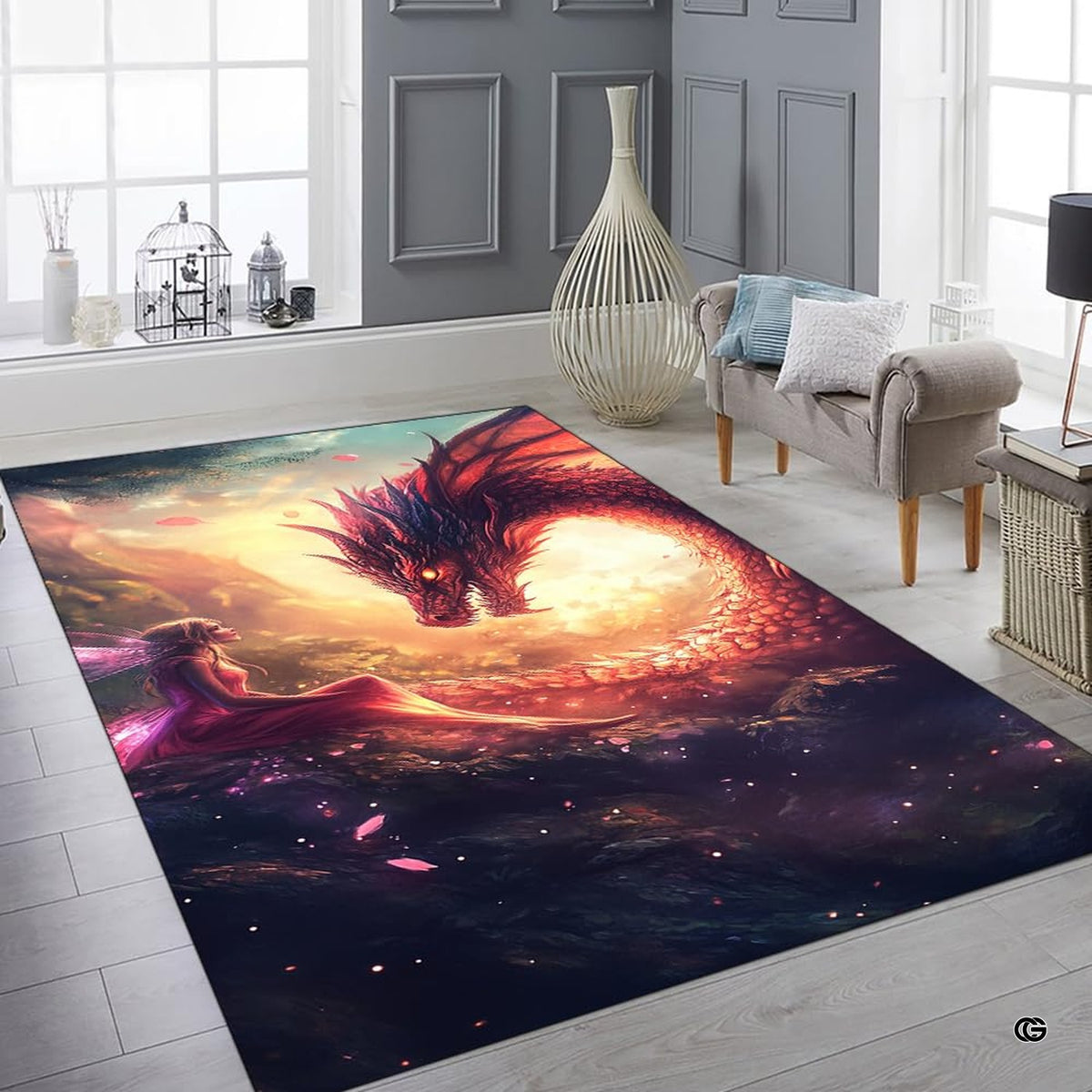Cozy bedroom setting with the mythical dragon rug placed beside a wooden bed frame - image 6 of 7