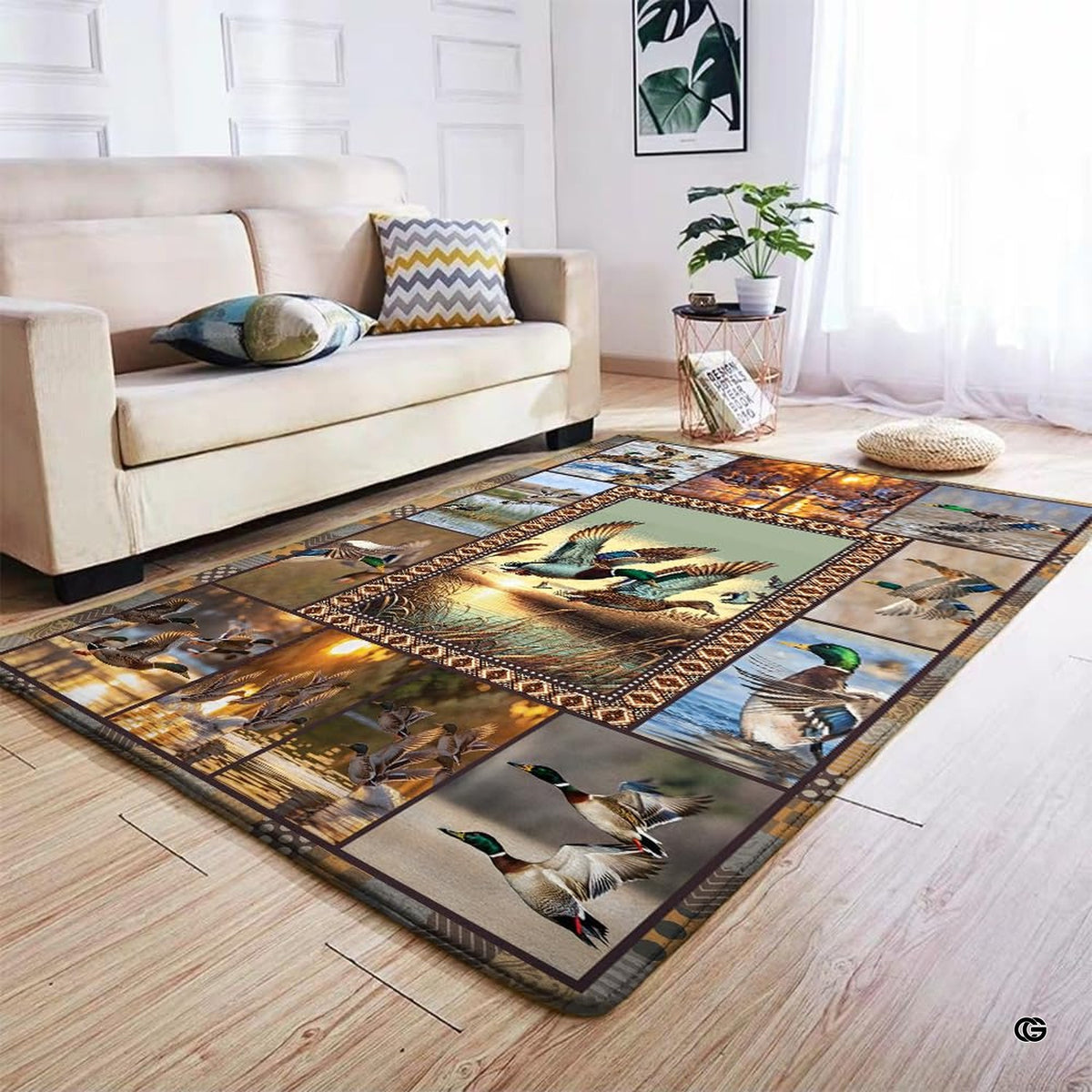 Lakeside cabin retreat styled with the mallard waterfowl wildlife area rug as a centerpiece.