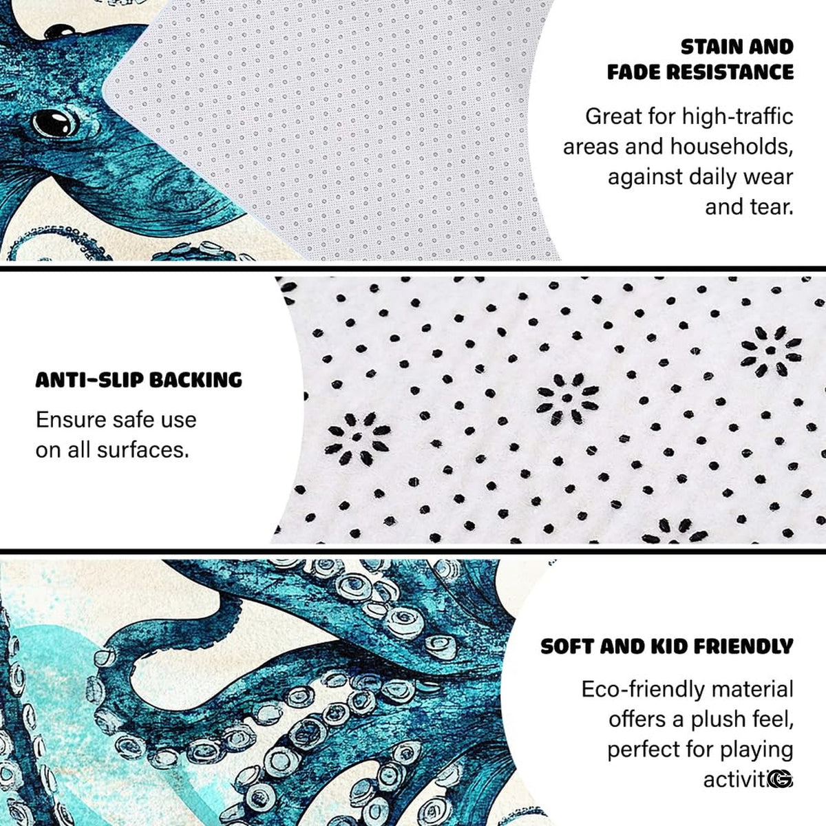 Dimension chart displaying size options for coastal octopus area rug.
