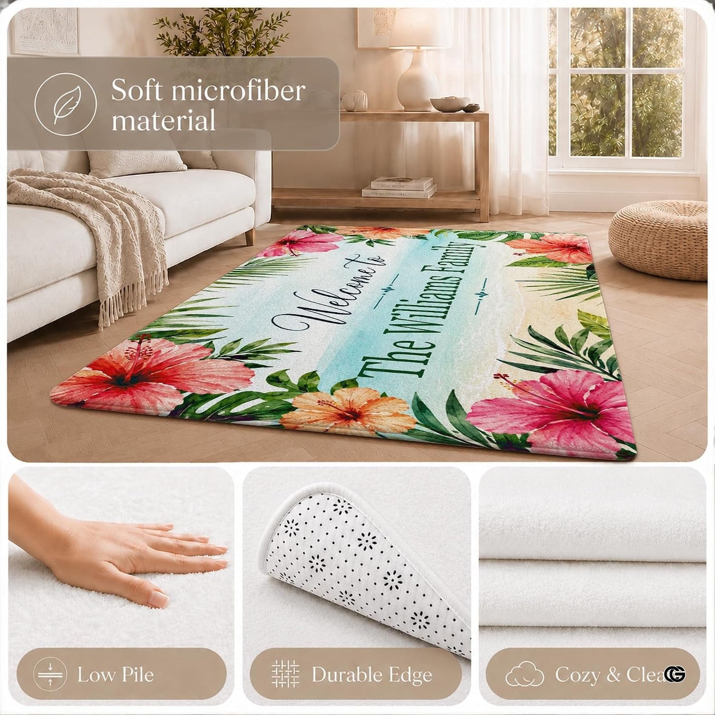Personalized Tropical Beach Rug, Custom Family Name Tropical Outdoor Rug, Flamingo Surfboard Ocean Area Rug for Living Room, Patio, Beach House Decor, Design 07