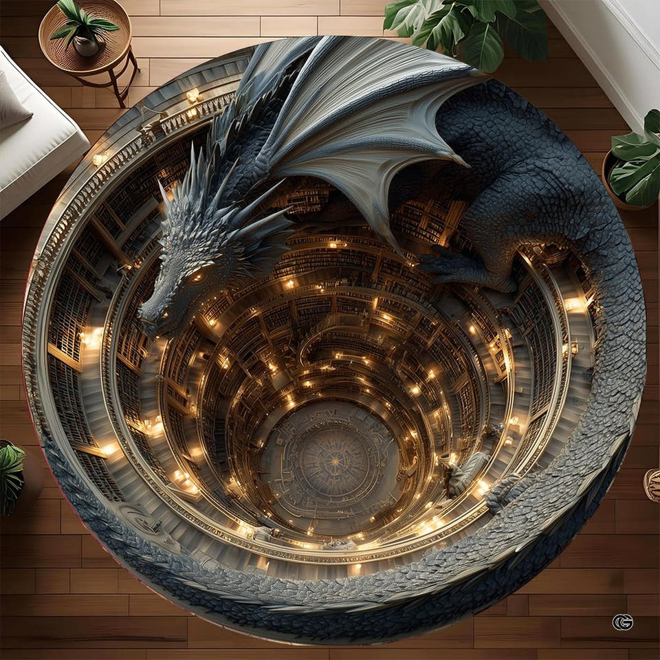 Round silver dragon rug around an illuminated library atrium