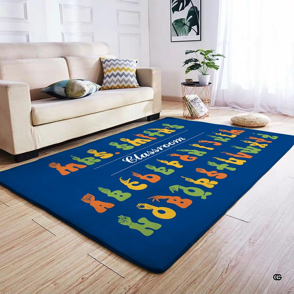 Sign language educational rug styled in bright elementary classroom space.