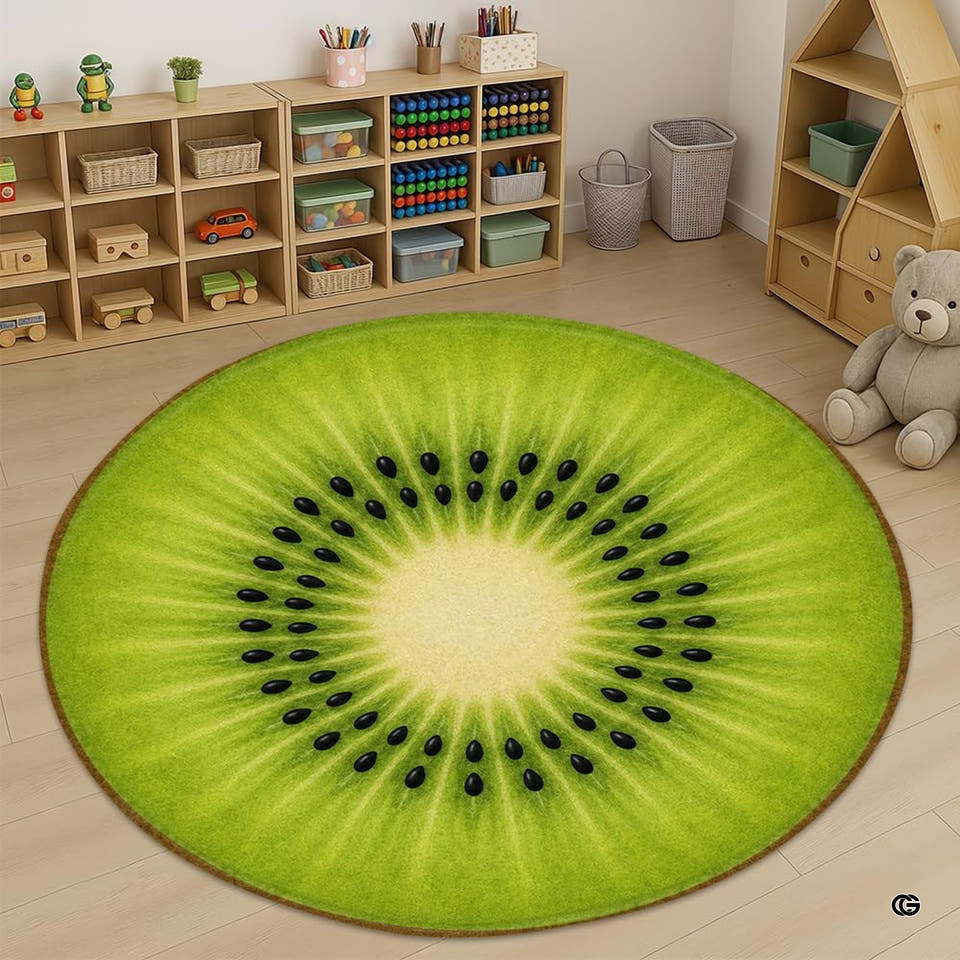 Round kiwi fruit slice rug in a bright nursery