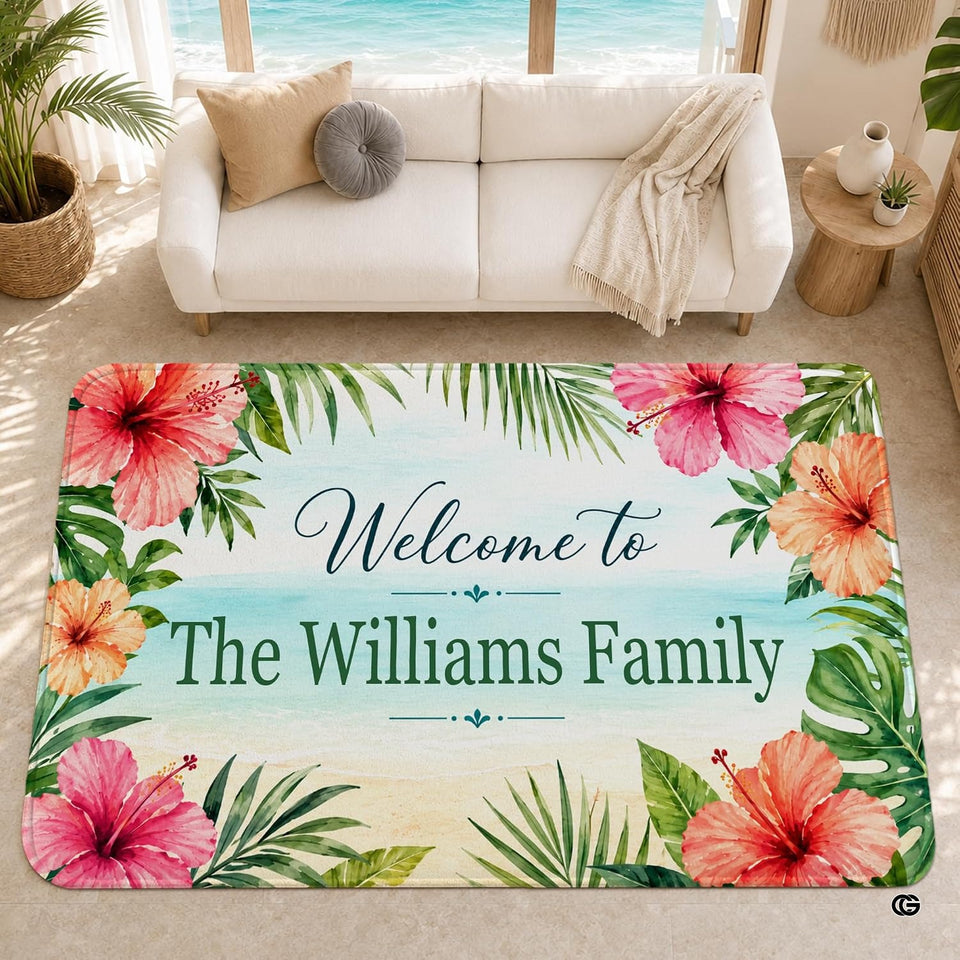 Personalized Tropical Beach Rug, Custom Family Name Tropical Outdoor Rug, Flamingo Surfboard Ocean Area Rug for Living Room, Patio, Beach House Decor, Design 07