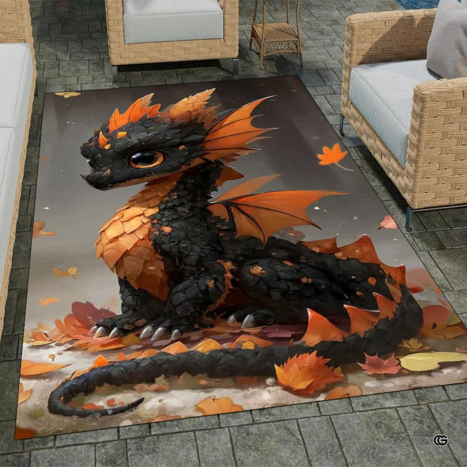 Cute autumn baby dragon obsidian orange leaves area rug in outdoor patio setting