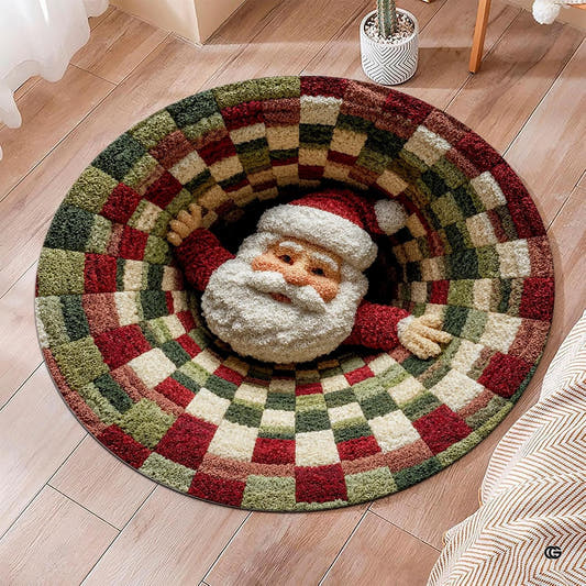 Round Santa rug with red, green, cream and brown patchwork-style rings