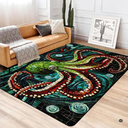 Living space layout highlighting stained glass marine giant octopus rug paired with contemporary wood decor. - thumbnail image 6 of 7