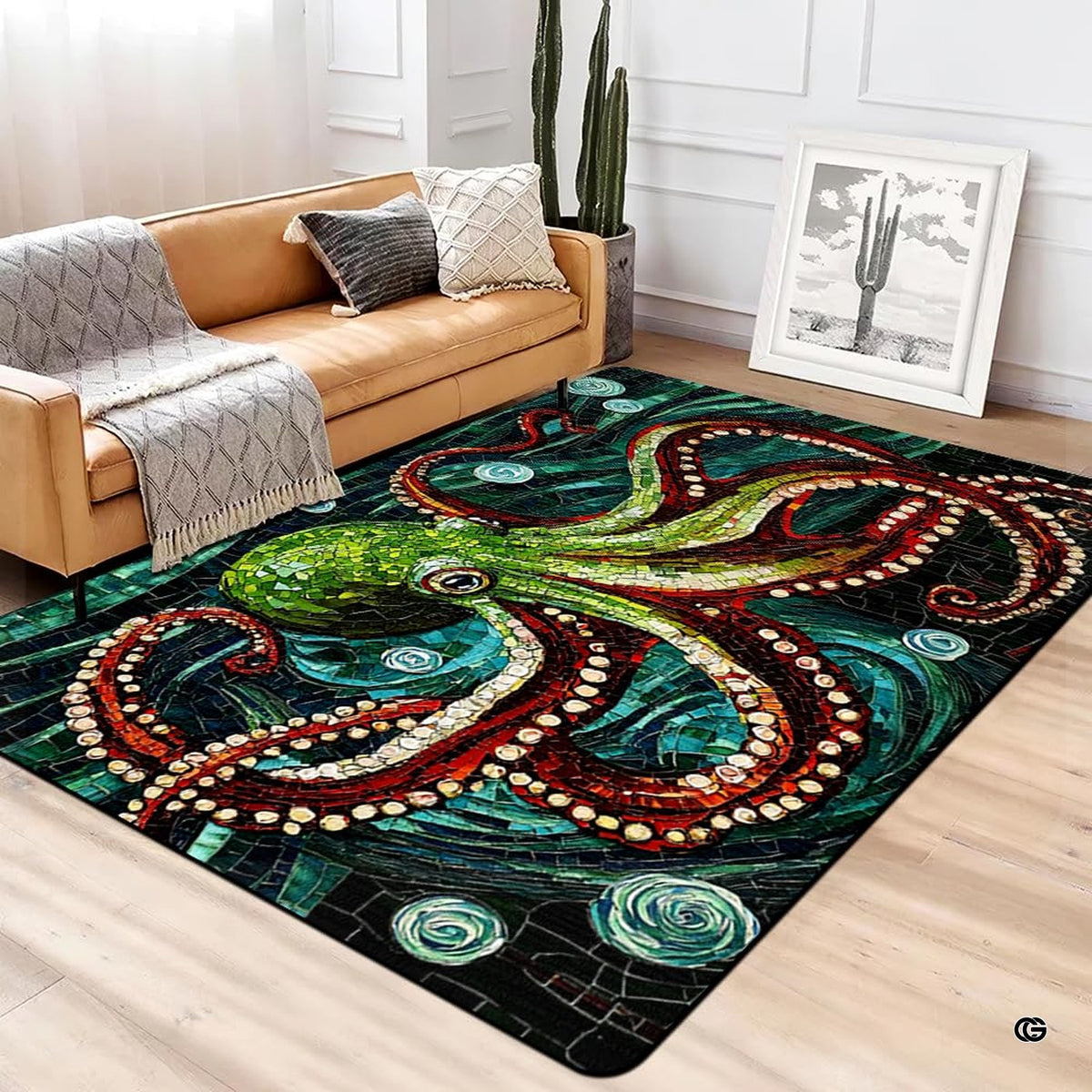 Living space layout highlighting stained glass marine giant octopus rug paired with contemporary wood decor. - image 6 of 7