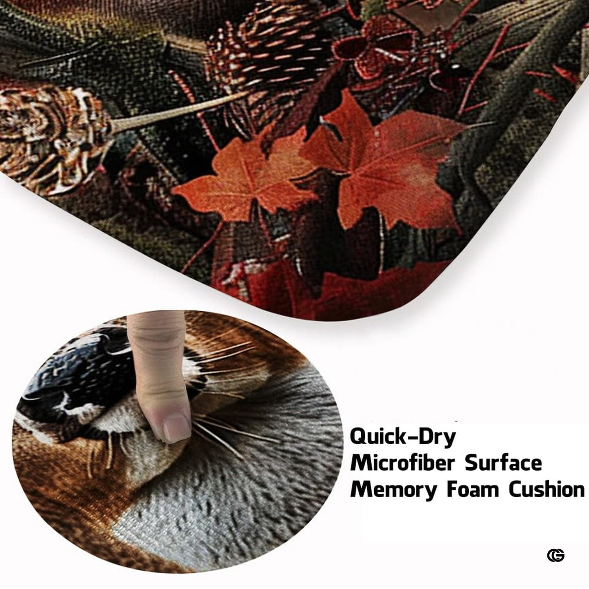 Overhead perspective of the patriotic deer wildlife area rug on hardwood flooring.