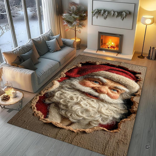 Santa Claus peering through rustic wooden planks on a Christmas area rug in a holiday setting.