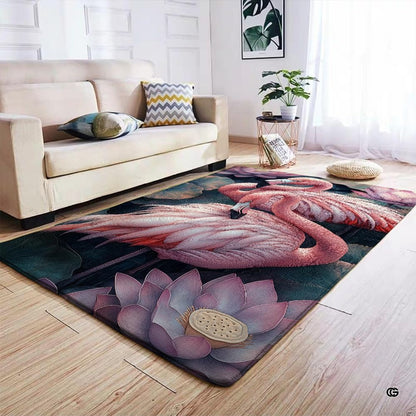 Non-slip grip backing and bound edge stitching on pink flamingo water lily area rug - thumbnail image 4 of 7