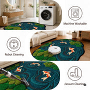 Custom Japanese Koi Fish Shaped Area Rug, Personalized 3D Optical Illusion Koi Pond Lotus Non Slip Washable Shaped Floor Mat, Fish Pond Rugs for Bedroom Living Room Decor (1, D8)