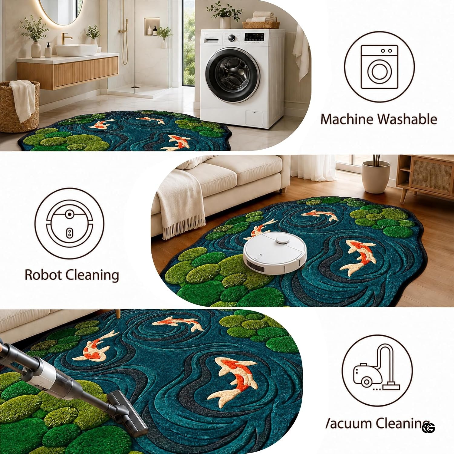 Custom Japanese Koi Fish Shaped Area Rug, Personalized 3D Optical Illusion Koi Pond Lotus Non Slip Washable Shaped Floor Mat, Fish Pond Rugs for Bedroom Living Room Decor (1, D8)