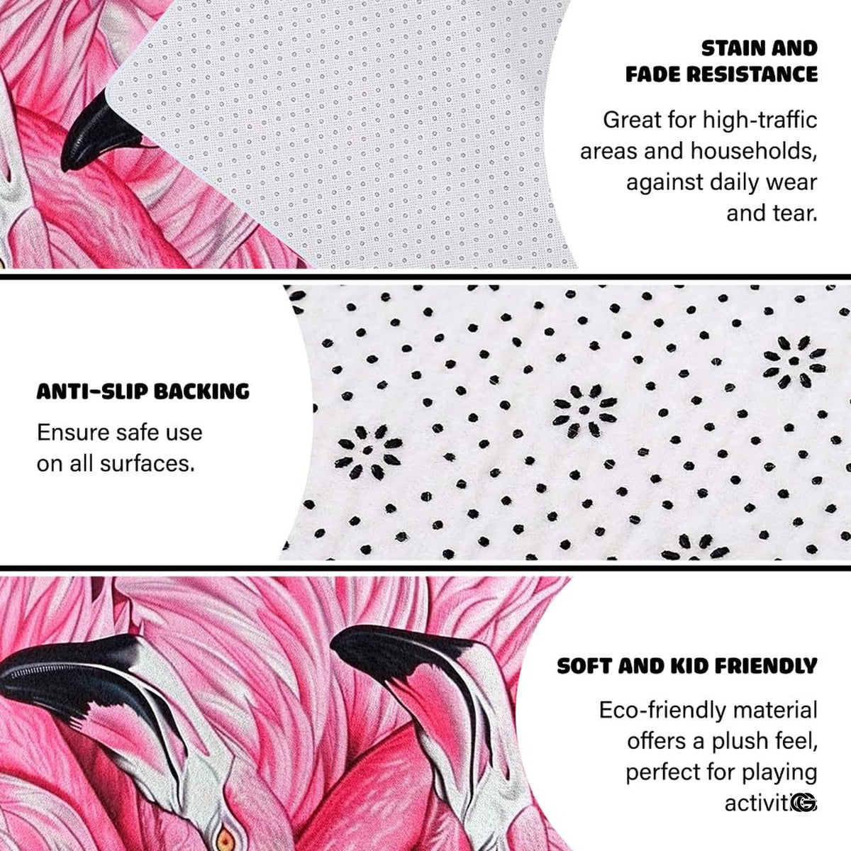 Bright interior decor setup featuring the pink flamingo feathers floor carpet