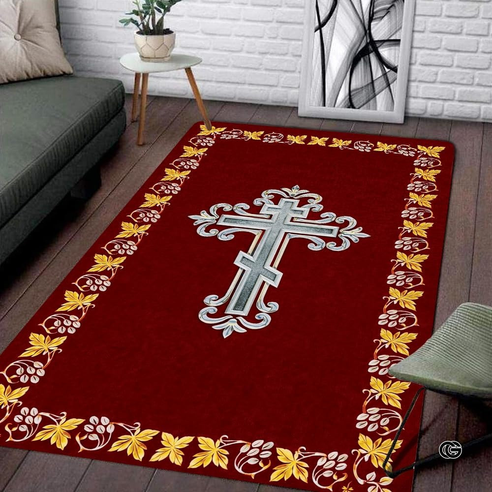 Personalized Orthodox Christian Area Rug, Custom Eastern Orthodox Russian Greek Byzantine Non-Slip Rug for Women Men, IC XC Nika Cross Mat for Living Room, Bedroom, Church Decor (D8)