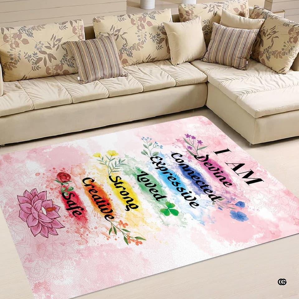 Pastel chakra lotus meditation area rug centered in a bright sanctuary space.