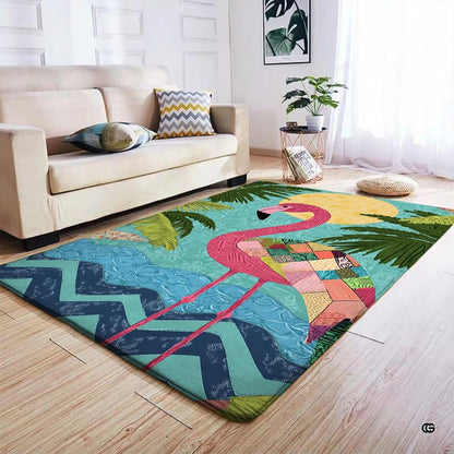 Full room display featuring a pink flamingo tropical floor rug complementing bright coastal decor accents. - thumbnail image 7 of 7