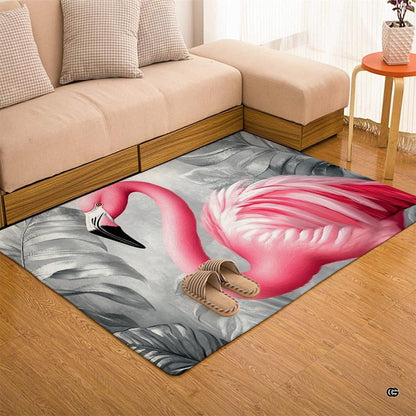 Home lounge arrangement displaying the grayscale palm pink flamingo accent rug - thumbnail image 7 of 7