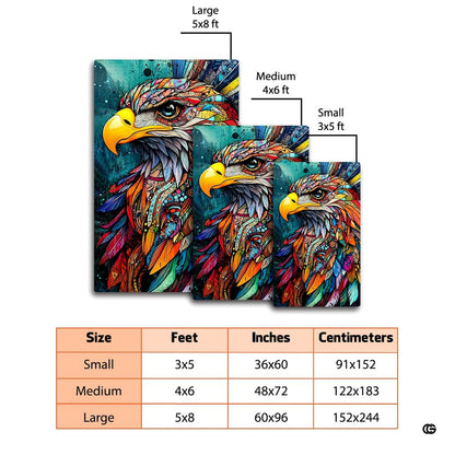 Dimension comparison chart displaying multiple size formats for this mandala eagle area rug. - thumbnail image 2 of 7
