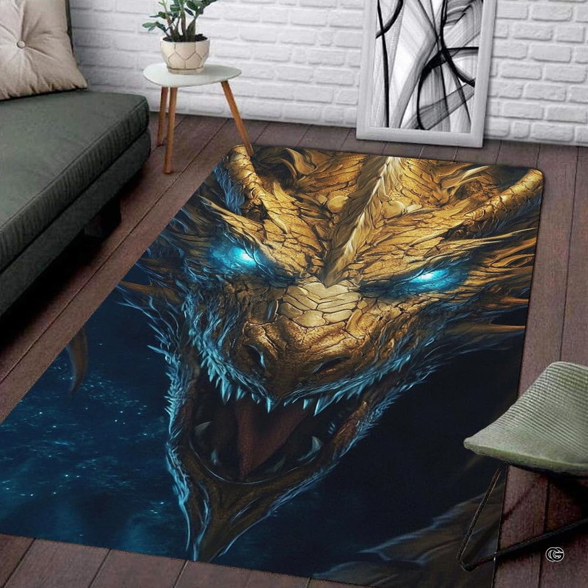 Living room seating setup featuring the roaring golden dragon glowing eyes fantasy area rug