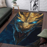 Living room seating setup featuring the roaring golden dragon glowing eyes fantasy area rug