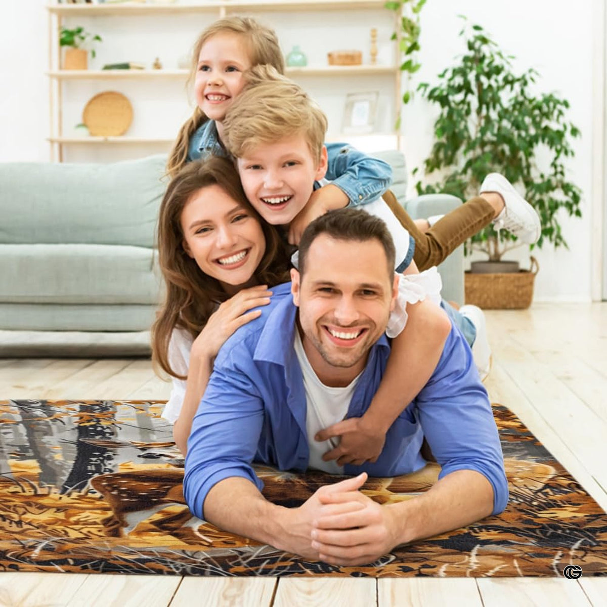 Lifestyle scene featuring family lounging on whitetail buck and doe area rug. - image 5 of 7