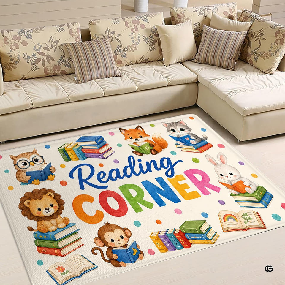 Reading corner cute animals books area rug - view 1