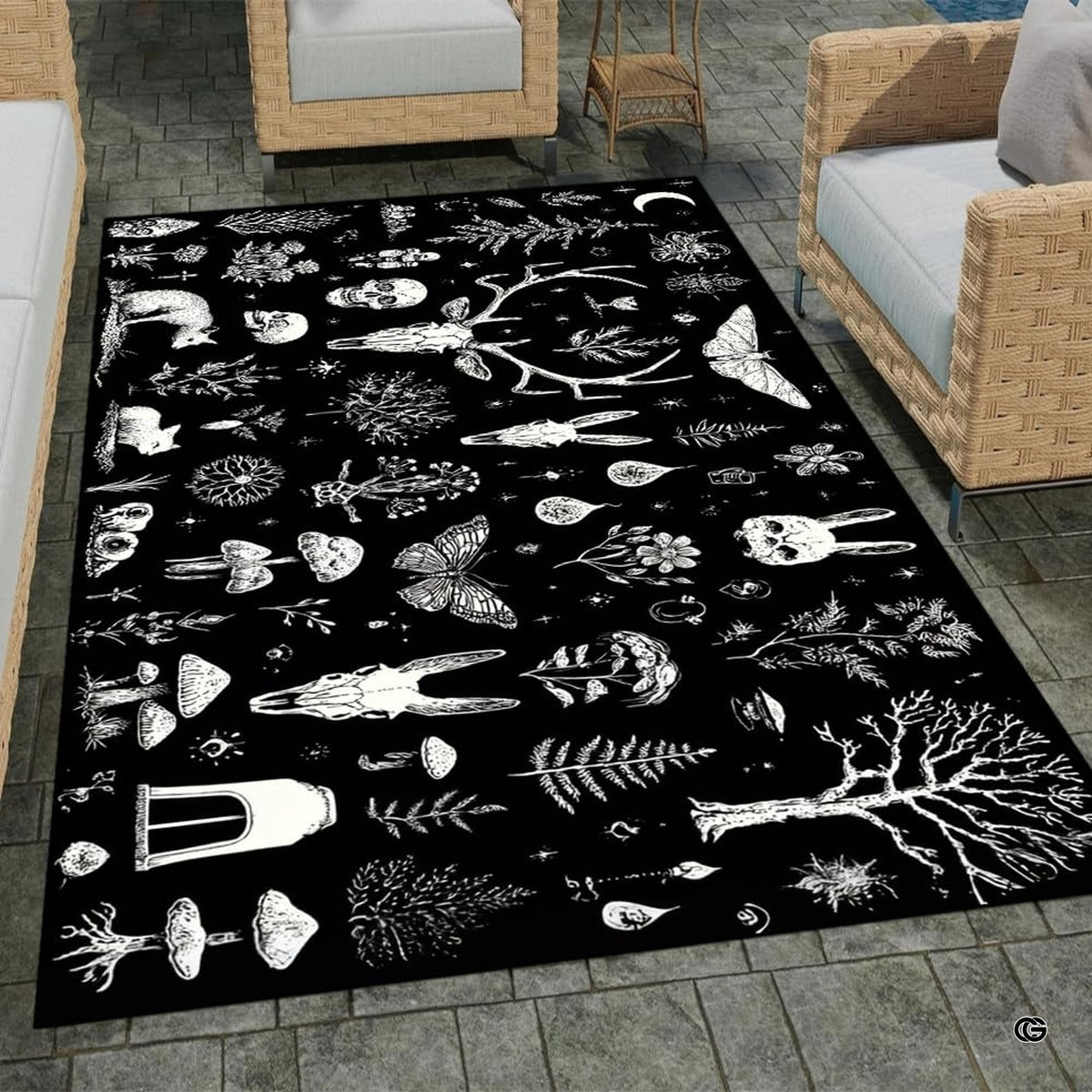 Patio setting with wicker seating displaying the dark gothic nature area rug
