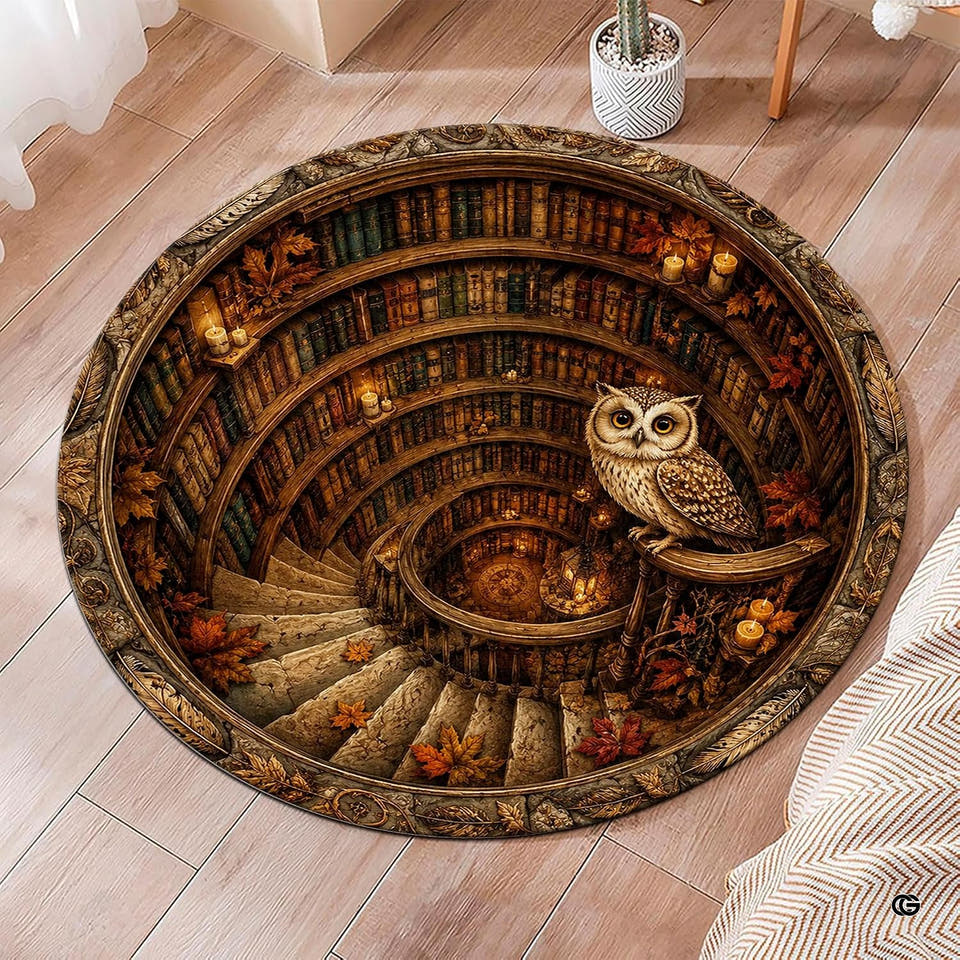 Spiral library round owl rug displaying stone stairs, antique bookshelves, and a perched owl.