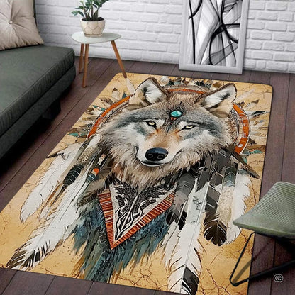 Living room seating setup featuring the native wolf warrior eagle feathers rustic area rug - thumbnail image 1 of 7